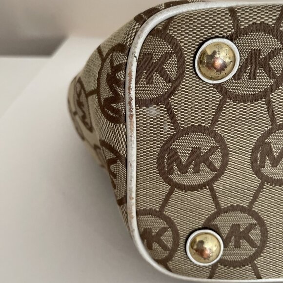 MICHAEL KORS Signature Canvas Tote Shoulder Bag Beige Leather Trim Studded - Picture 15 of 15